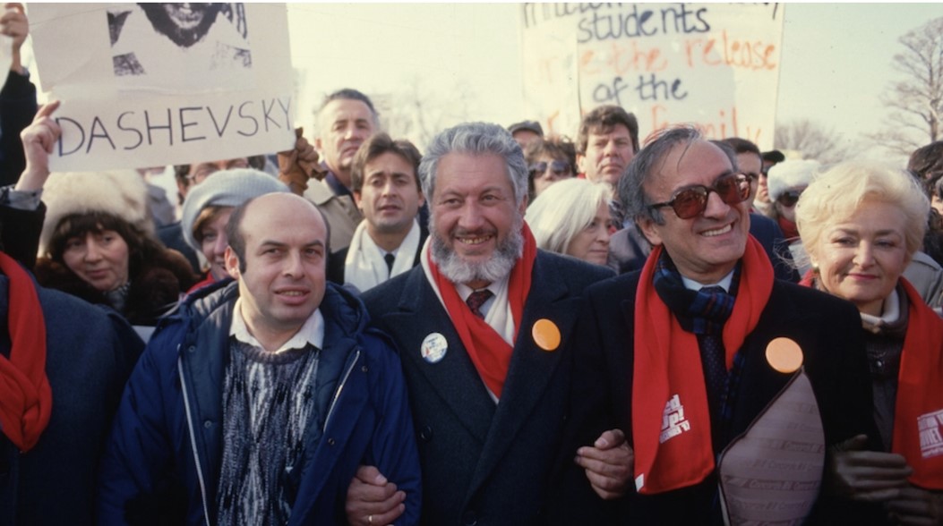 Fig. 9 Former refuseniks Natan Sharansky, left, and Vladimir Slepak, along with Elie Wiesel and American Jewish leader Shoshana Cardin, right, at a march on Washington, D.C., in support of Soviet Jewry, Dec. 6, 1987. (Peter Turnley/Corbis/VCG via Getty Images) Photo from.^^